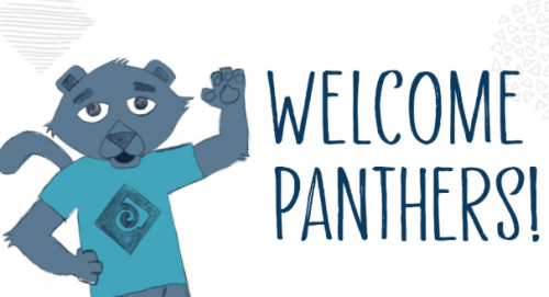Welcome Panthers! says waving Poppie the Panther